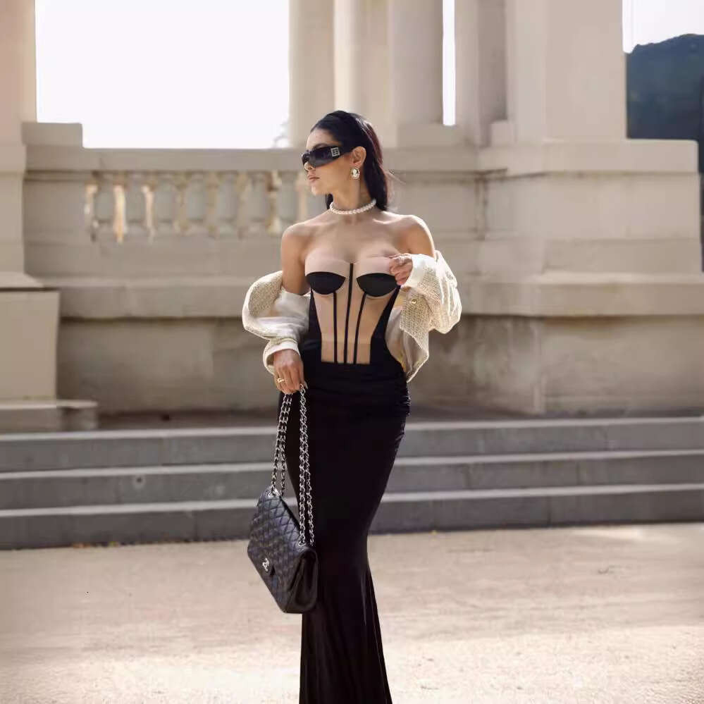 Women's Dress New Fashion Design Apricot Mesh Short Sleeve Black Chiffon Long Dress Two Piece Set
