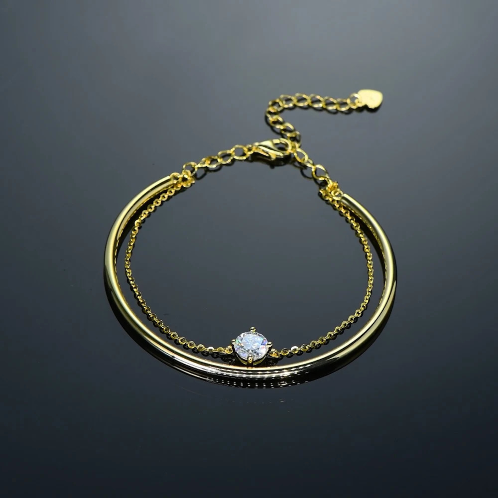Trend 1CT Round Single Stone Bracelet 925 Sterling Silver Chain Double-layered Bangle Womens Charm Jewelry Gift 250220