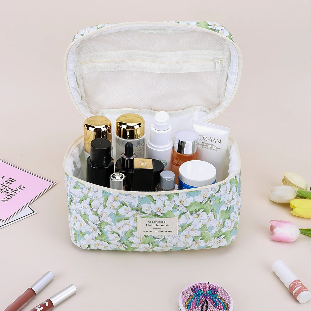 4PCS Women Travel Toiletry Bag Quilted Cotton Makeup Bag Floral Make Up Organizer Toiletry Organizer Bag 250221