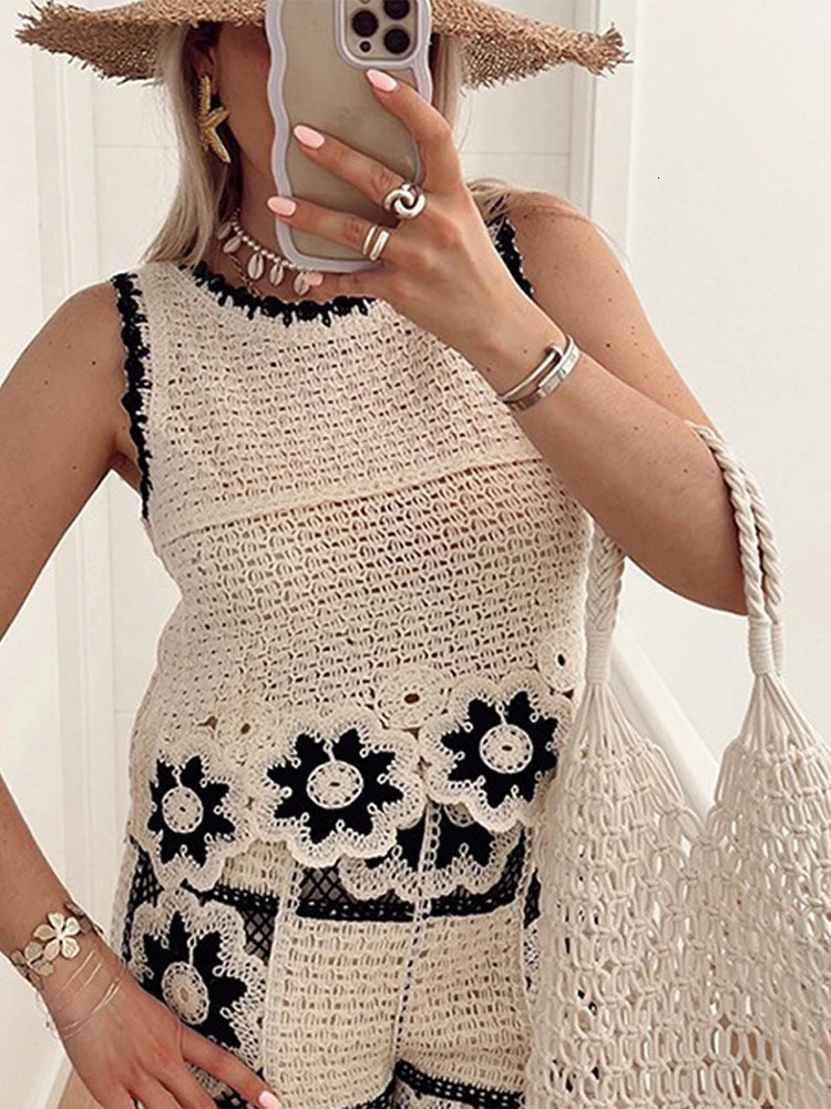 Crochet Flower Knitted Hollow Out Vest Pants Set Sleeveless Top Perspective High Waist Straight Leg Pants Summer Women Clothing 250225