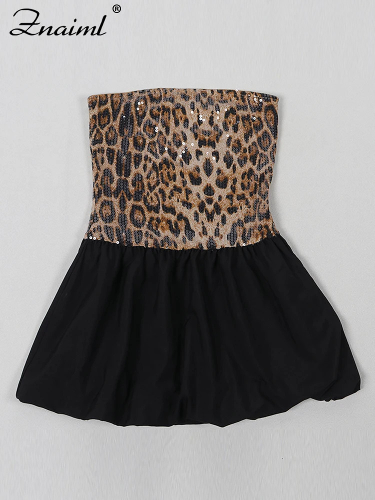 Znaiml Sexy Leopard Print Sequins Patchwork A-line Mini Dresses Woman Off Shoulder Tube Strapless Prom Night Club Short Dress 250225