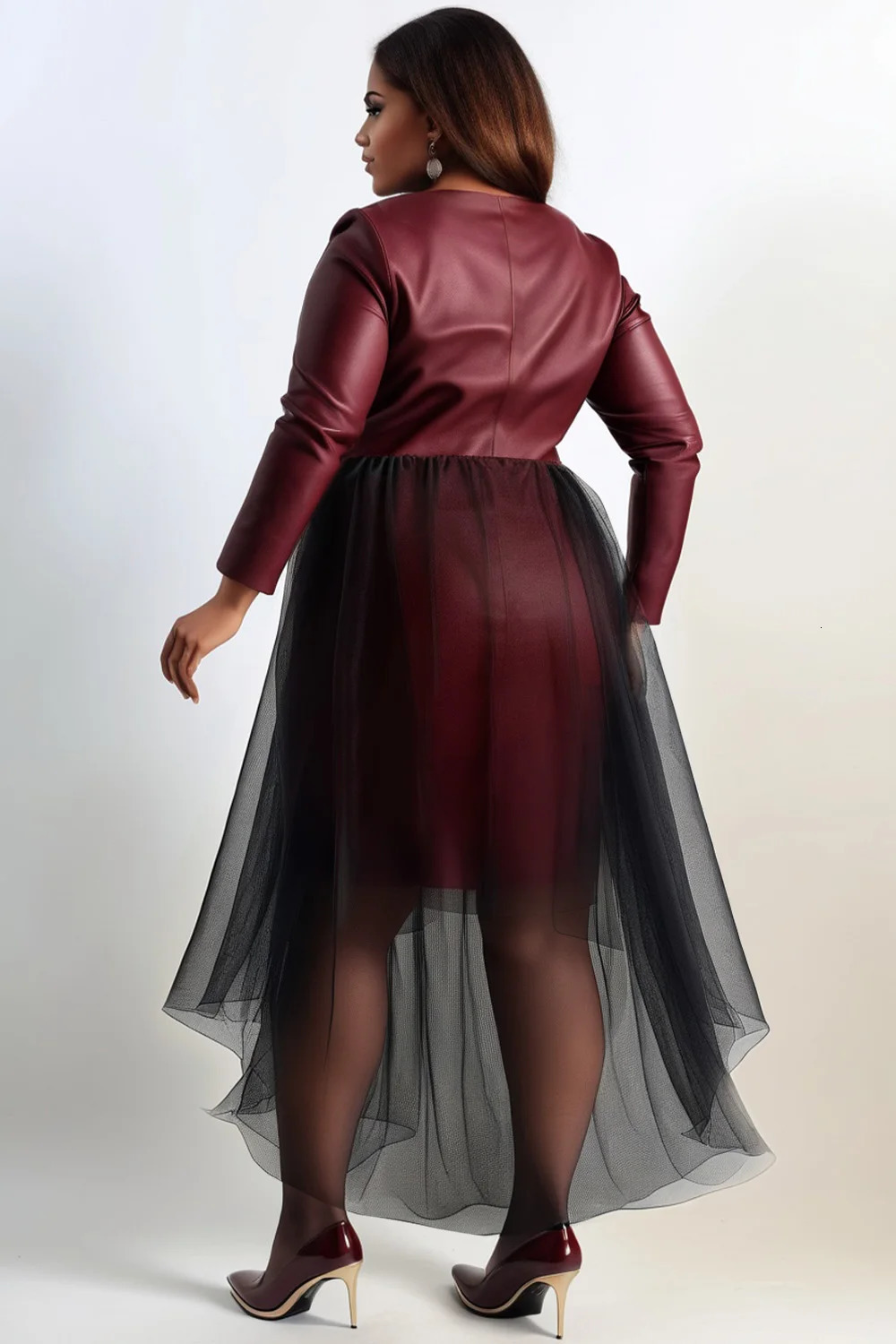 Plus Size Cocktail Party Burgundy Wrap Neck Long Sleeve Asymmetric Hem Contrast Tulle PU Leather Midi Dresses 250225