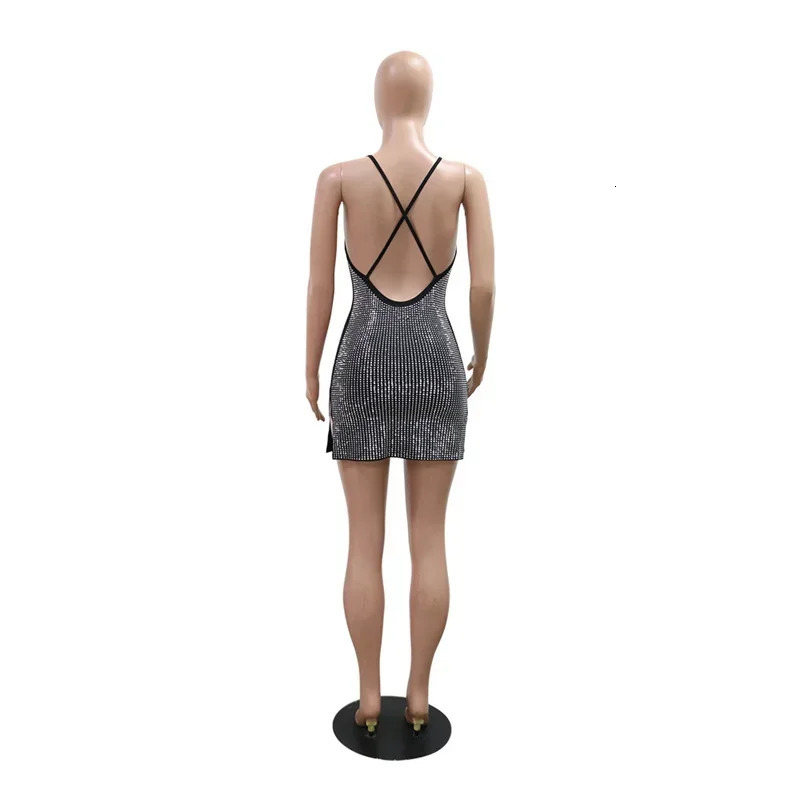 Summer Backless Sexy Women Diamonds Bodycon Mini Party Dress Pile Collar Strap Glitter Rhinestone Split Night Club Dress 250225
