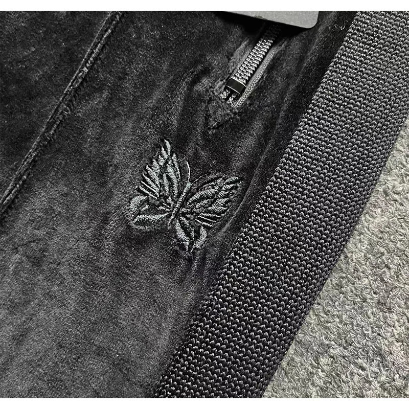 2025Needles Track Casual Black Velvet Drawstring Pants Men Women Jogger Striped Sweatpants Butterfly Embroidery Track Trousers 250226