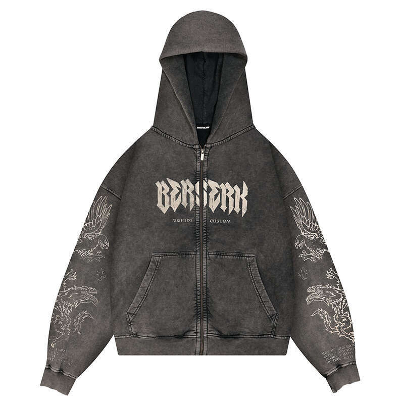 Imprinted Warrior Sword Wind Legend Berserk Anime Cartoon Washed Outdated Hoodie Jacket