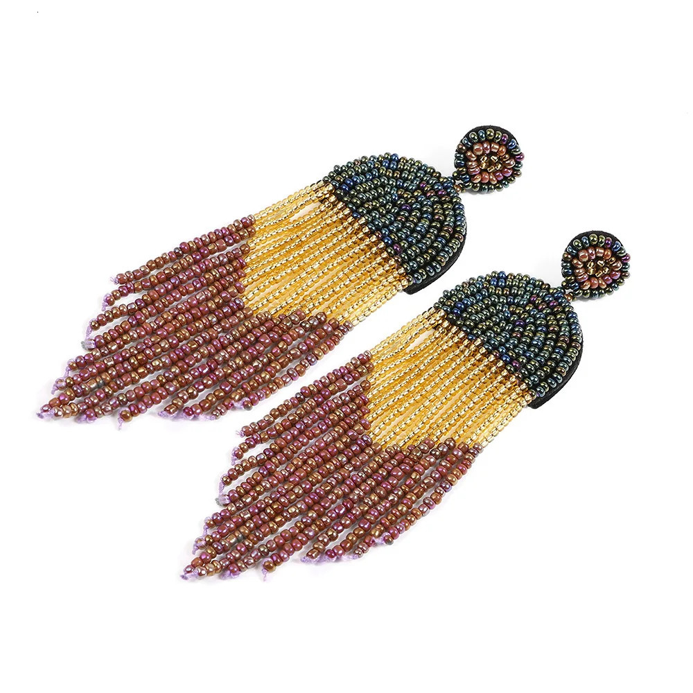 Boho Jewelry Wholesale Chic Art Deco Long Dainty Ethnic Bohemian Black Fringe Tassel Dangle Rice Seed Beaded Earrings for Women 250225