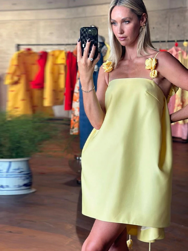 3D Rose Ribbon Satin Mini Dress Women Sleeveless Backless Strap Vacation Dresses Female Beach Street Loose Party Evening Robe 250225