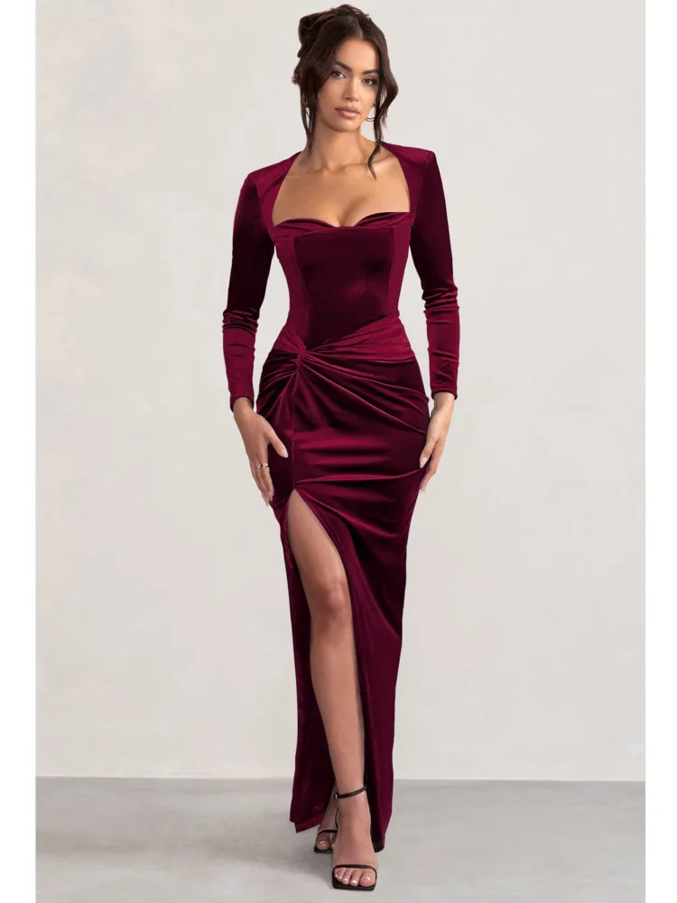 Articat Sexy Velvet Elastic Tight Long Sleeved Dress Elegant Bodycon Slit Party Evening Dress Autumn/winter 2025 Slim Vestido 250225