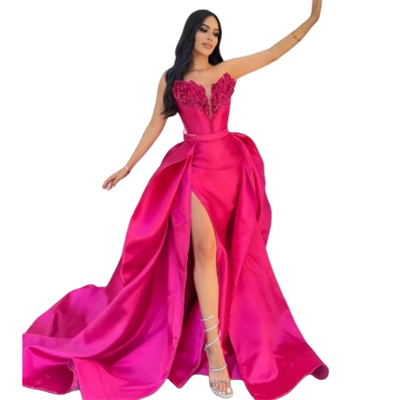 Fuchsia Side-Slit Sheath Prom Dress with Detachable Train Sweetheart Neckline Sleeveless Corset Design for Modern Evening Parties & Pageants Gown