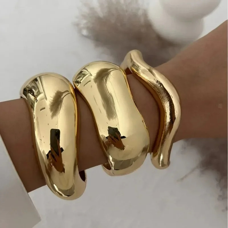 Vintage Wide Cuff Bangles Hip Hop Punk Gold Silver Color Geometric Metal Spring Bangles For Women Bracelets Men Jewelry 250225