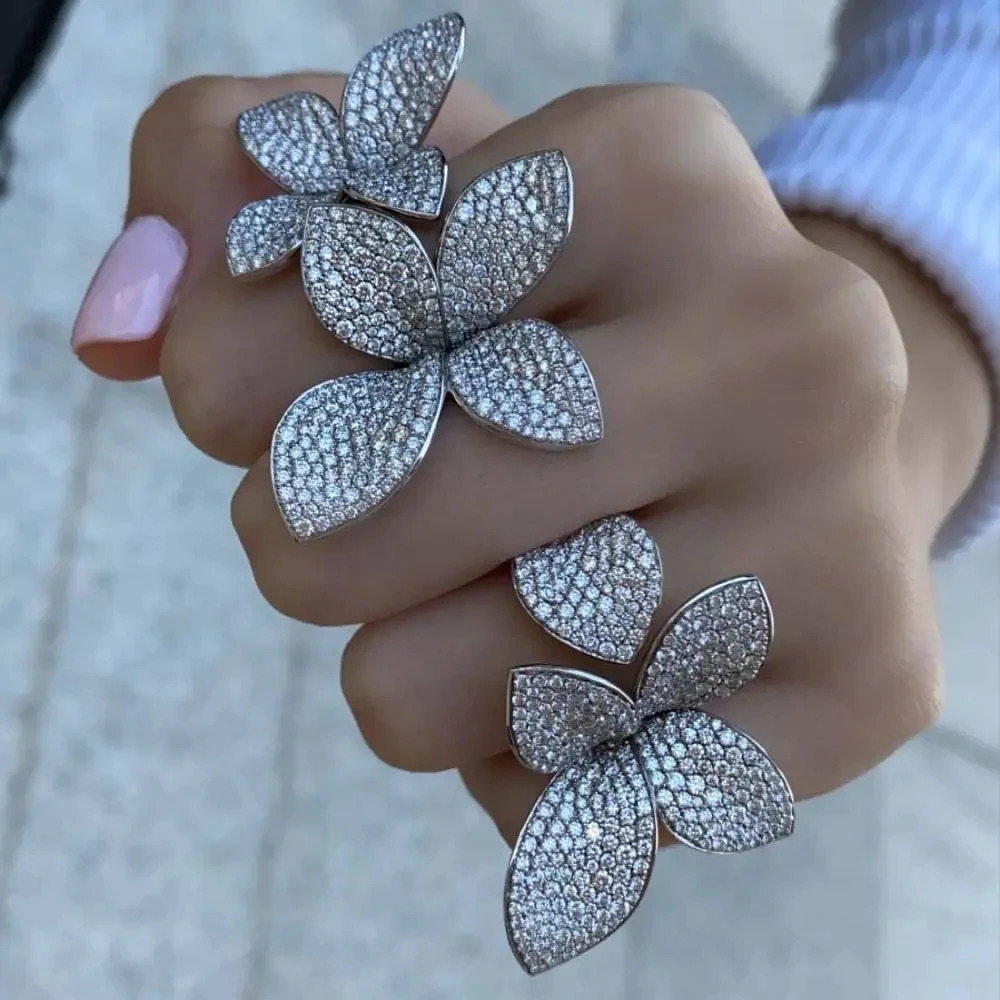 2025 Iced Out Sparkling Cubic Zirconia Cz Leaf Flower Open Adjusted Rings High Quality Women Bridal Wedding Jewelry 250225