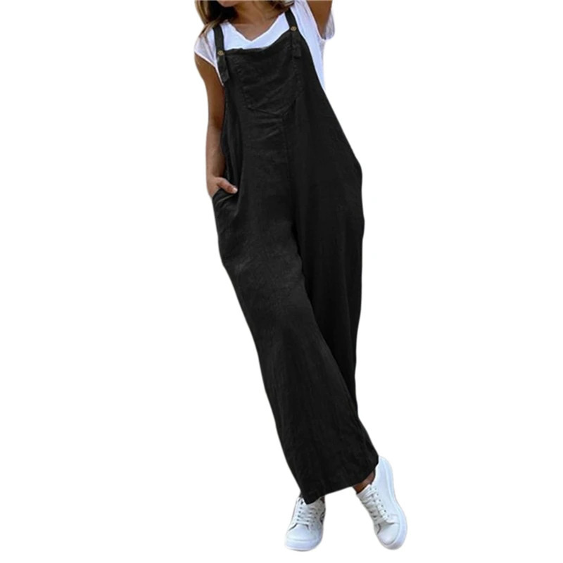 Summer Jumpsuit For Women Solid Color Jumpsuit Casual Long Pant Pockets Button Wide Leg Strap Jumpsuit Loose Rompers Overalls 250225