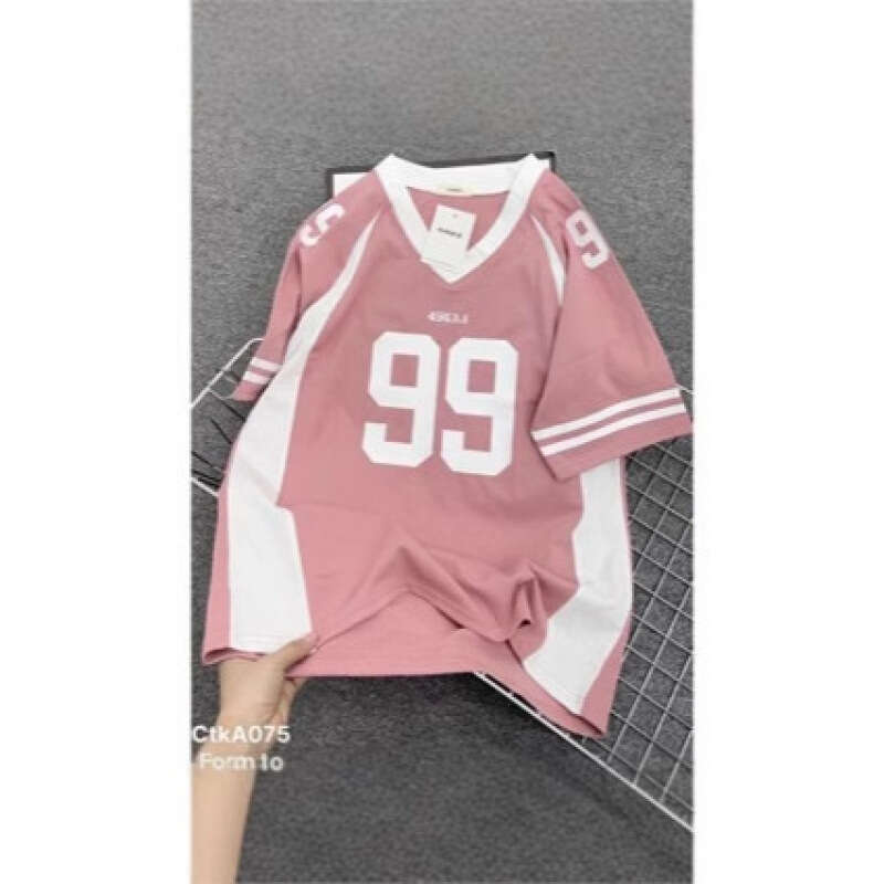 American high street casual sports baseball collar contrasting short T-shirt women's summer loose printed half sleeved top