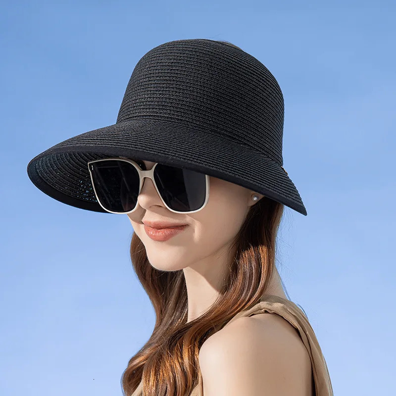 Summer Empty Top Straw Hat for Women Large Brim Uv Protection Sunscreen Sun Hat Foldable Roll Up Visors Outdoor Travel Beach Cap 250218