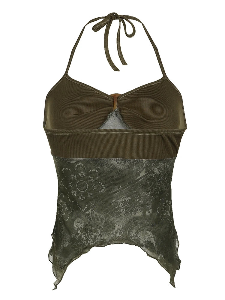 Sweetown Retro Forest Green Vintage Print Boho Y2K Camisole Backless Halter Tie Asymmetrical Tops Women Summer Vacation Clothing 250226