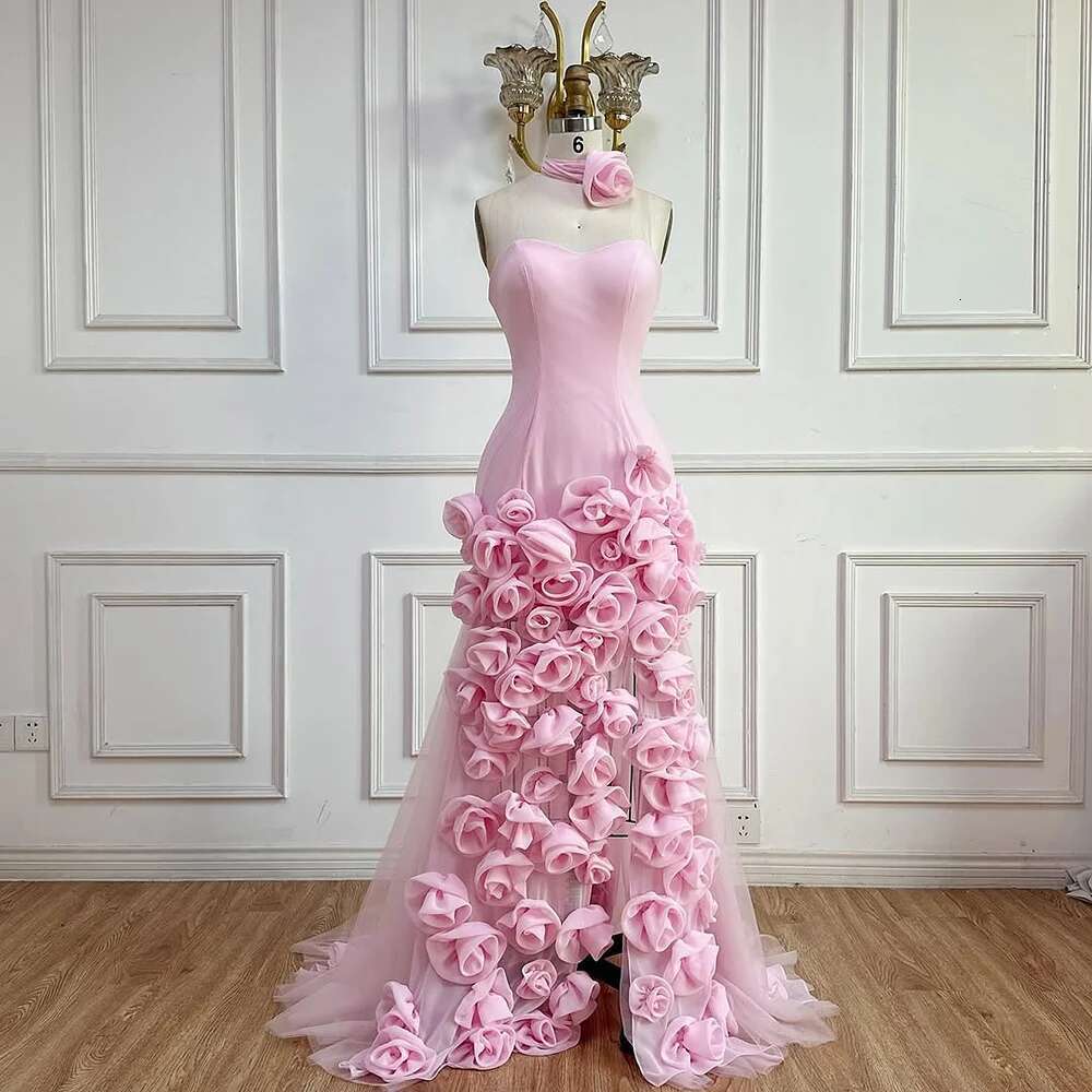 Serene hill Arabic pink mermaid evening dress with res 3d strapless side division for custom graduation party 2025 prom