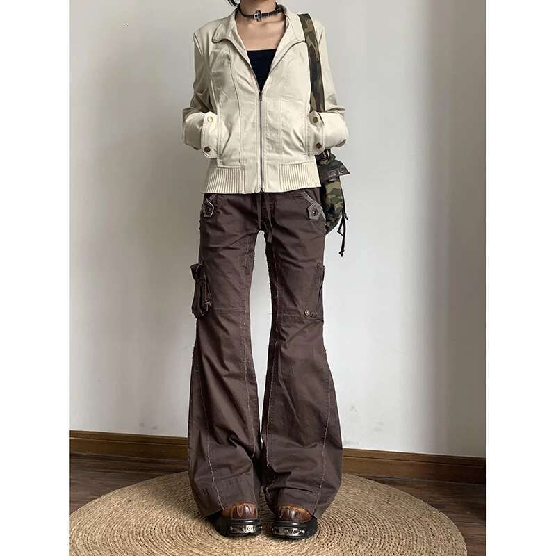 MDNG Brown Spliced High Rise Flare Jeans For Women Streetwear Y2k Aesthetic Cargo Jean Pants Vintage Denim Trousers Grunge Fairycore
