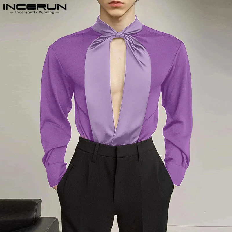 INCERUN American Fashion Shirts Mens Causal Sleeve Hollow Out Tops See Through Patchwork Well Fitting Elegant Blouses 250224