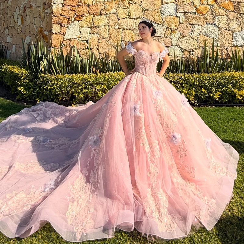Pink Shiny Quinceanera Dresses Ball Gown Off The Shoulder Applique Lace Beads Tull Corset Party Birthday Sweet 16 Dress Vestidos 15 Anos