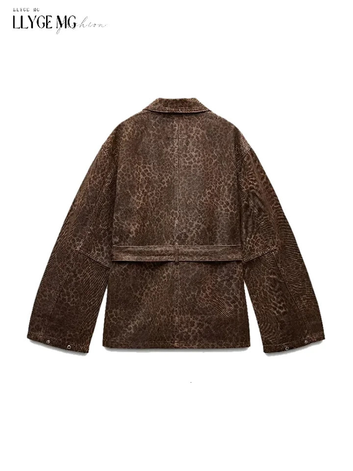 Leopard Jacket Women Lace up Lapel Autumn Coffee Print Womens Shirts Pockets Loose Casual Outerwears Female High Street Hipster 250225