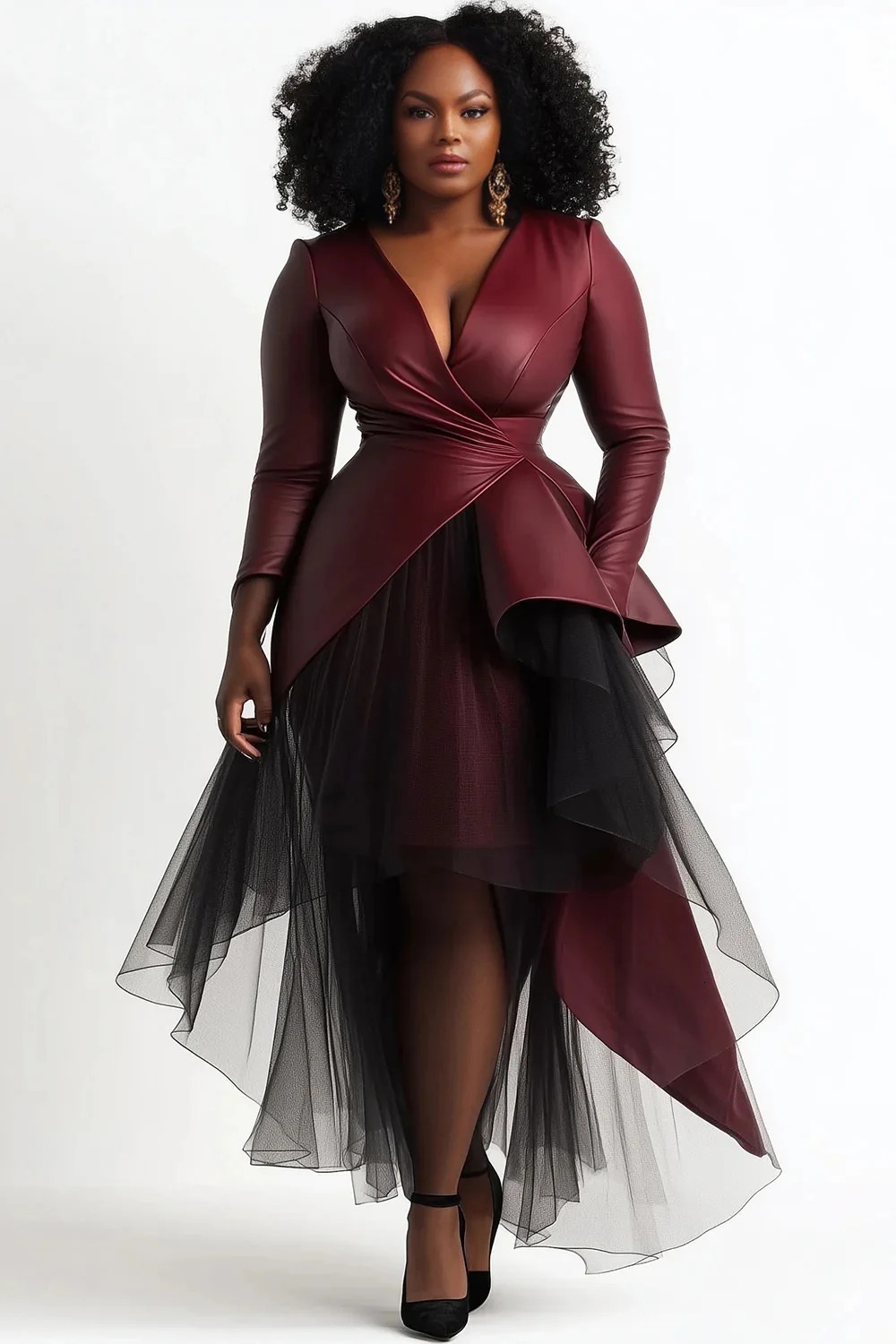 Plus Size Cocktail Party Burgundy Wrap Neck Long Sleeve Asymmetric Hem Contrast Tulle PU Leather Midi Dresses 250225