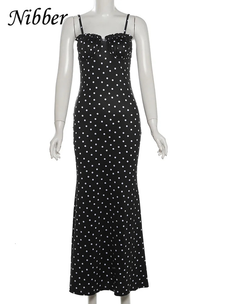 Nibber Summer Trend Slash Neck Dress Women Polka Dots Print Spaghetti Strap Solid Skinny Elegant Clubwear Maxi Bodycon Vestidos 250225