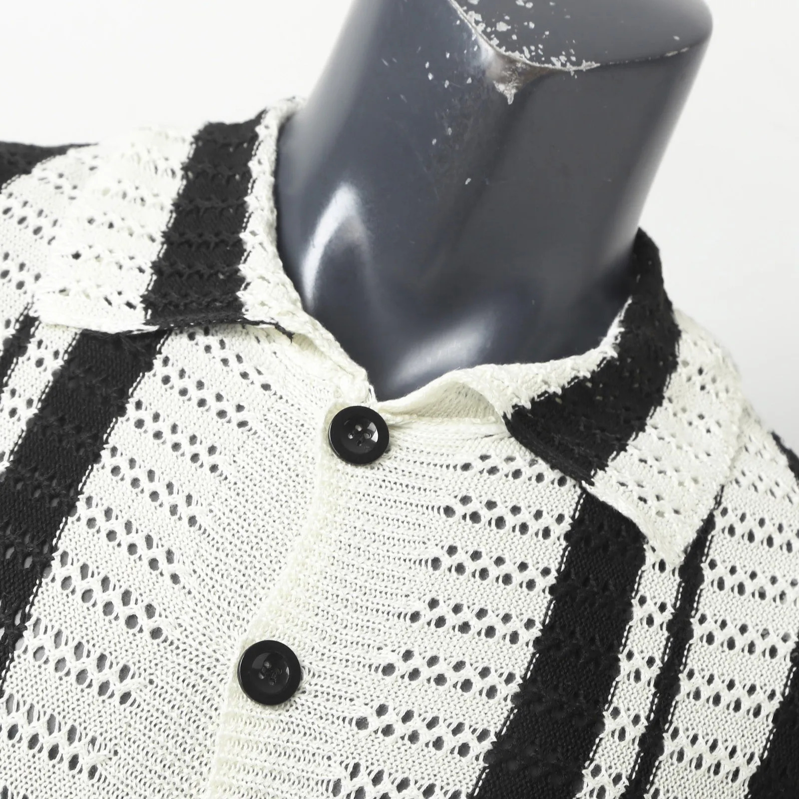 Mens Striped Handsome Shirt Hollowed Out Collar Sexy Fashionable Vacation Top Artistic Youth Clothing Mesh Long Sleeved Shirts 250222