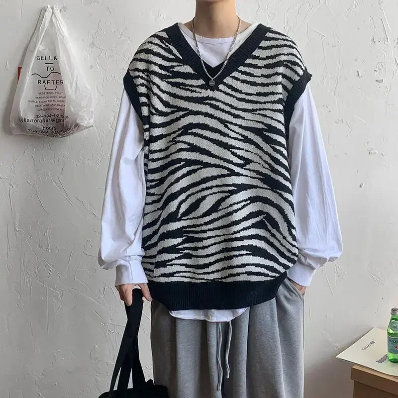 Knit Sweater Male Zebra Print Vest Mens Clothing Jacket Sleeveless Waistcoat Coat Black Korean Autumn Clothes Thick Winter Fun 250225