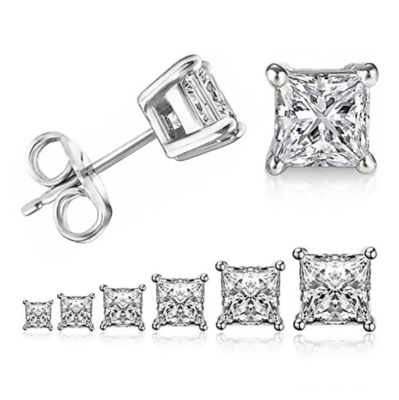 Women Diamond Earrings Luxury Jewelry 925 Sterling Silver Princess Cut White Topaz Square CZ Multi Size Gemstones Women Stud Earrings