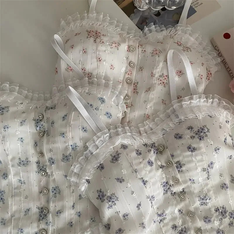 Floral Tube Tops French Wood Ear-hem Camisole Womens Breathable Lace Tank Tops Back-beautiful Underwear for Summer 250226