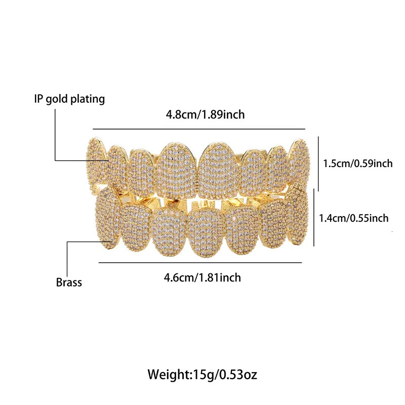 Bling Cubic Zircon Teeth Set For Unisex Top Bottom Mouth Gold Silver Color Removable Dental Fashion Jewelry 250220
