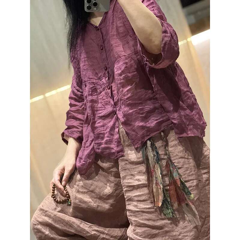 Women Loose Printed Ramie Blouse Ladies V Neck Thin Vintage Shirt 2024 Long Sleeves Cute Mori Girl Clothing Summer Blusas Mujer