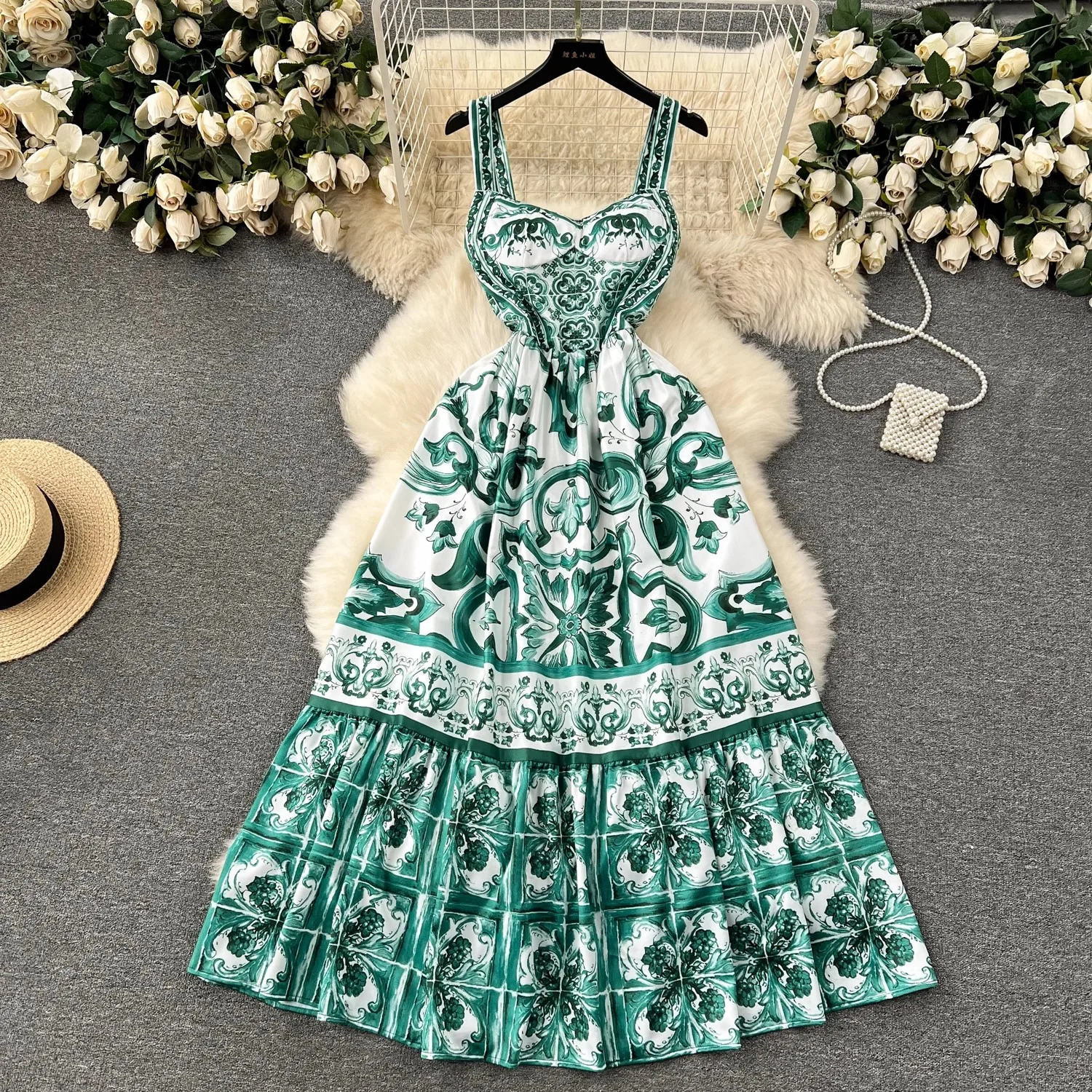 High Quality Fashion Vintage Blue And White Porcelain Print Women Summer Sexy V Neck Spaghetti Strap Casual Holiday Boho Dresses250222