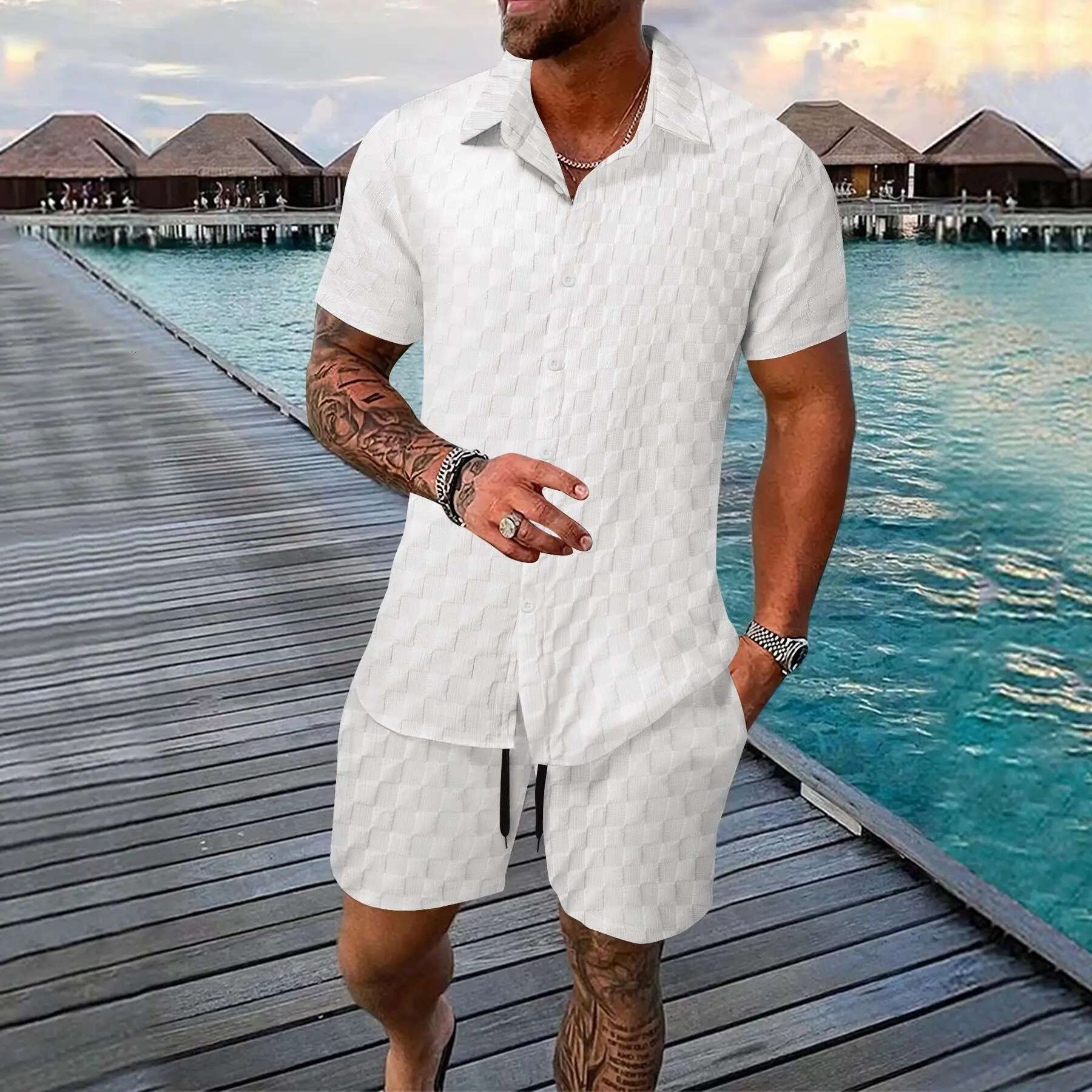 2025 European And American New Summer Men's Shirt Loose Fashion Designer Shirt Solid Color Casual Mix And Match Short Sleeved T-shirt Shorts Beac
