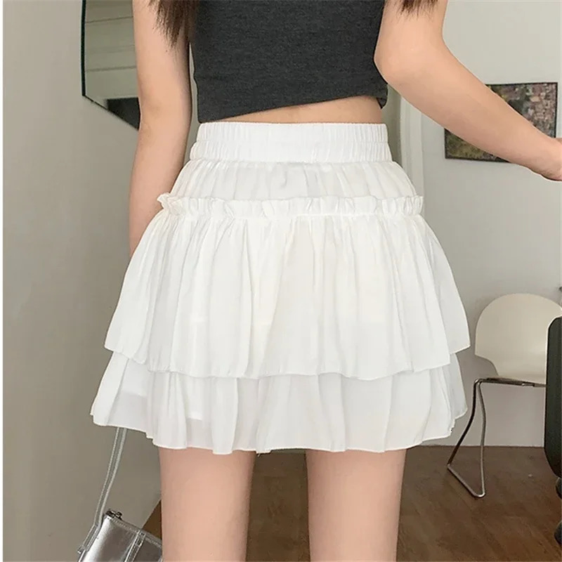 Summer Kawaii White Ruflles Skirt Women Fashion Slim Fit Mini Skirts Giris Y2k All Match Elastic High Waist Black Faldas 250226