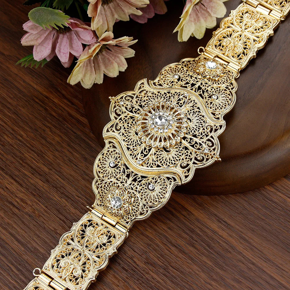 Sunspicems Elegent Morocco Caftan Belt For Women Caucasus Bride Wedding Jewelry Turkey Crystal Robe Waist Chain Belt Gold Color 250225