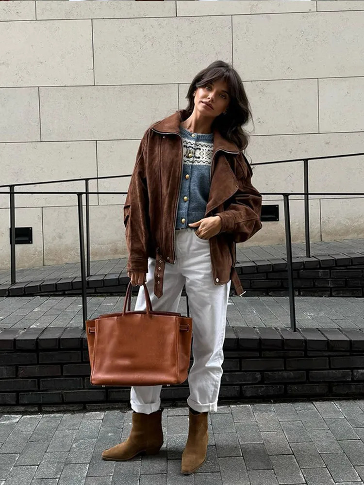 Chic Brown Suede Cropped Casual Coat Vintage Lapel Solid Color Zipper Short Jacket 2025 Autumn Woman Padded Shoulder Jackets 250225