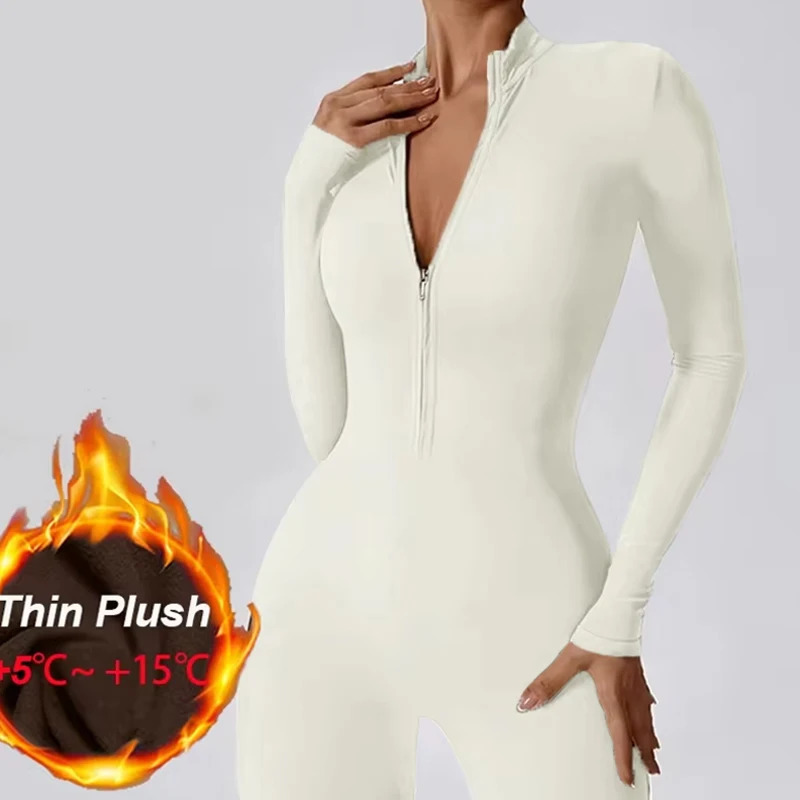 Warm Thin Fleece Jumpsuits Womens Tracksuit Winter One-Piece Sports Suit Black Fitness Jumpsuit Long Sleeves Workout Bodysuit 250225