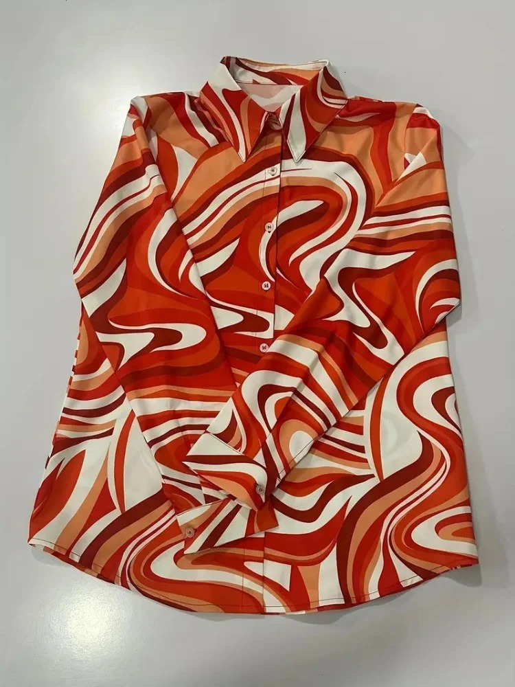 Boutique Pattern Printed Button Long Sleeve Womens Shirt Vintage Elegant Office Fashion Large Size Womens Daily Lapel Shirt 250226