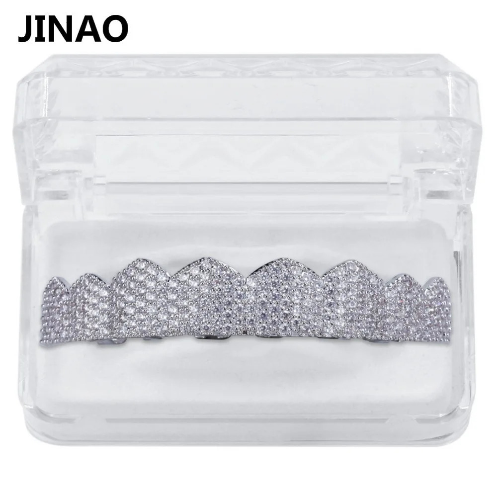 JINAO Gold Silver-Color Iced Out Gold Crystal Jewelry Top Bottom Grills Teeth Body Jewelry Hip Hop Bling Cubic Zircon 250220