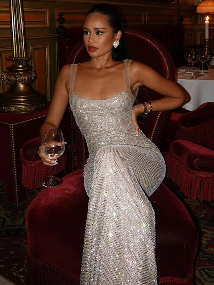Sexy Sequined Hollow Out Dresses Women See Through Sling Backless Sleeveless Long Dress Female Club Hip Package Lady Robe 250225