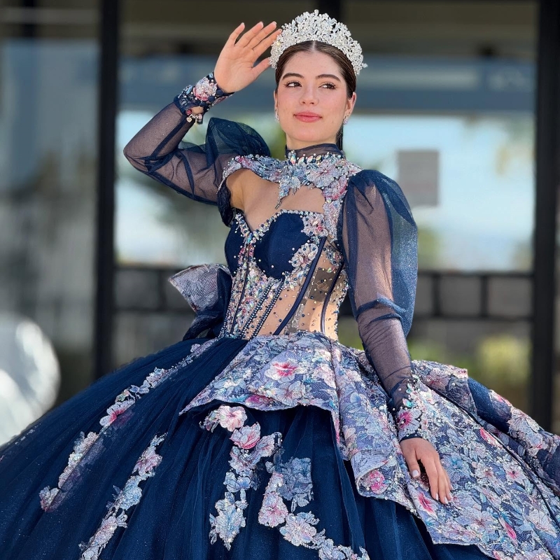Navy Blue Shiny Quinceanera Dresses Ball Gown Off Shoulder Applique Lace Beading Crystal Tull Corset Sweet 16 Dress Vestidos 15 De Anos
