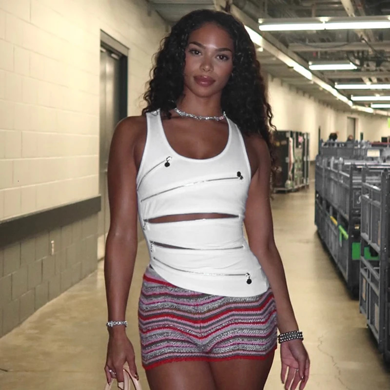 CUTENOVA Fashion Punk Women Zipper Dessign Crop Tops Sleeveless Cut Out Slim Tanks Vest Grunge Hollow Out Vest Tops Bustiers Str 250225