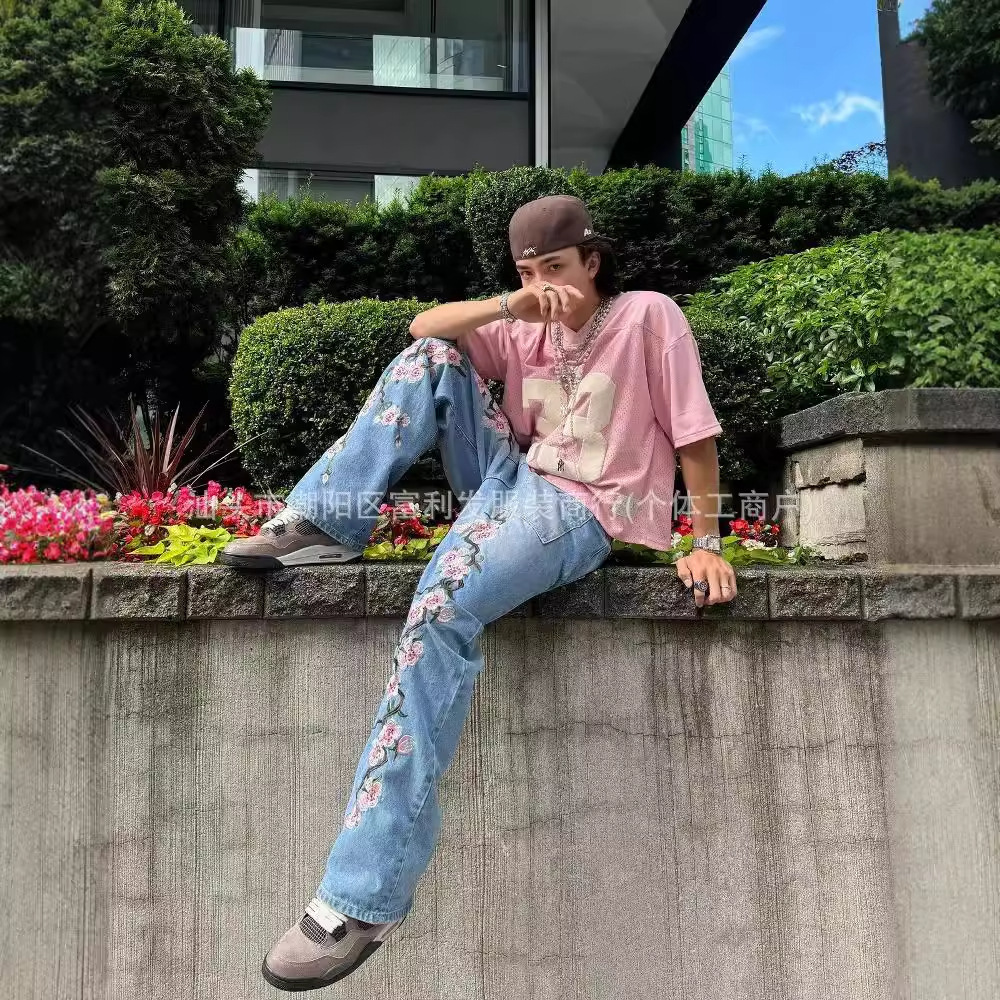Y2K bagged cherry blossom embroidered pattern jeans Harajuku retro hip-hop streetwear mens Gothic casual wide leg pants 240906
