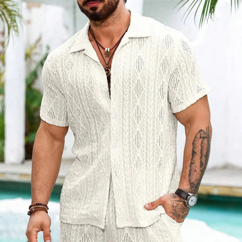 Beach Casual Breathable Mesh Lace Shirt Men Summer Vintage Hollow Out Lapel Button-up Cardigans Mens Shirts Short Sleeve Shirts 250222