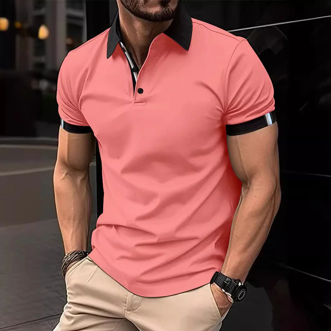 Spring and summer mens buckle Polo shirt solid color short-sleeved lapel fashion casual T-shirt slim fit top mens wear 250225