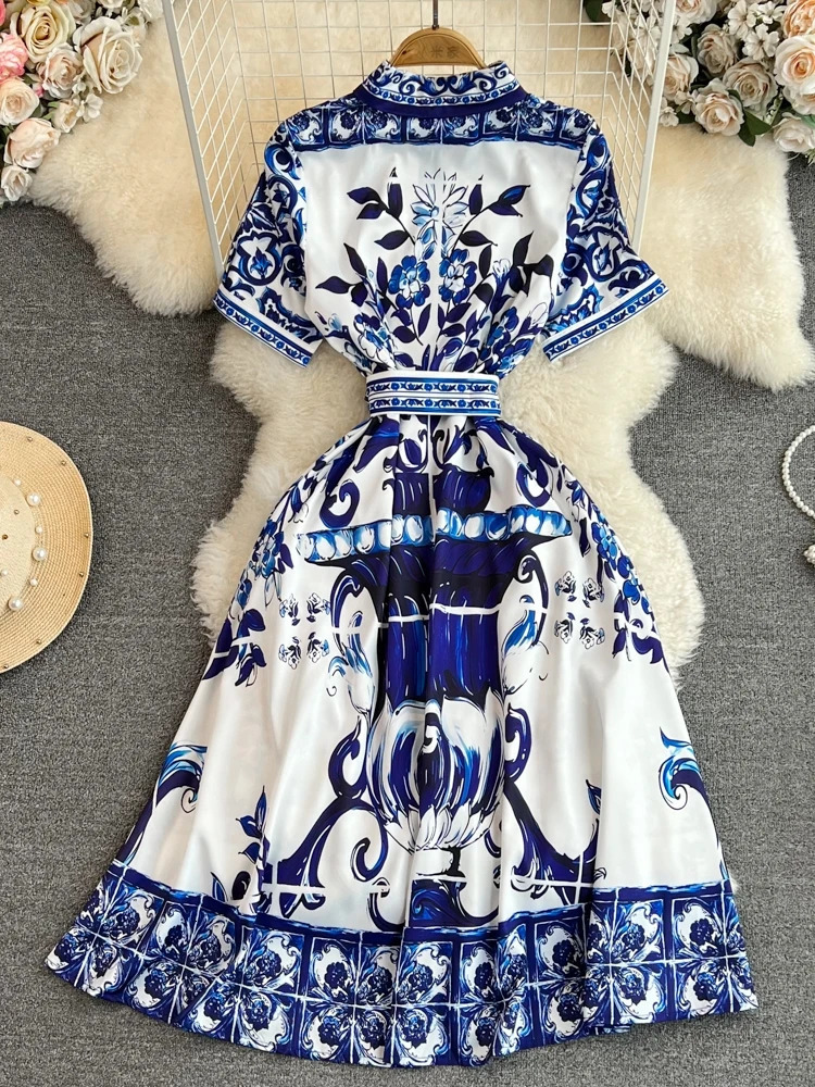 Summer Holiday Floral Midi Dress Shirt Women Blue White Porcelain Print Vestidos Female Short Sleeve Single Breasted Robe250222