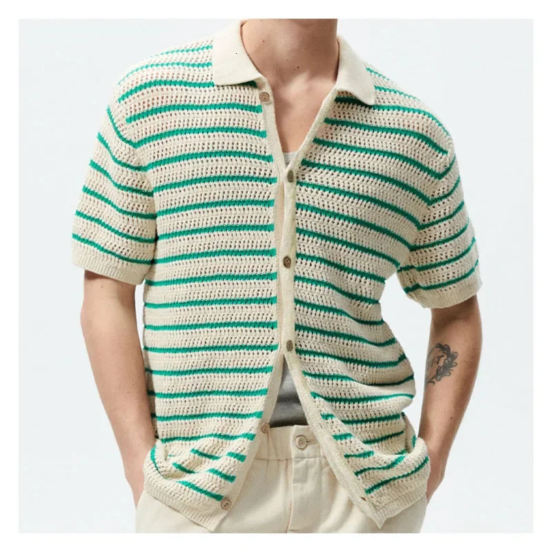 Mens sexy perspective knitted shirt with breathable hollow stripes summer mens thin jacket mens clothing Hawaiian top 250224
