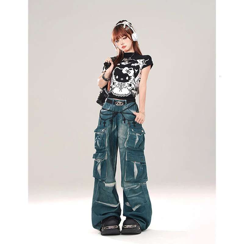 Women's Blue Baggy Cargo Jeans Korean Vintage Y2k 90S Aesthetic Denim Trousers 2000S Haruku Cowboy Pants Trashy Clothes 2024