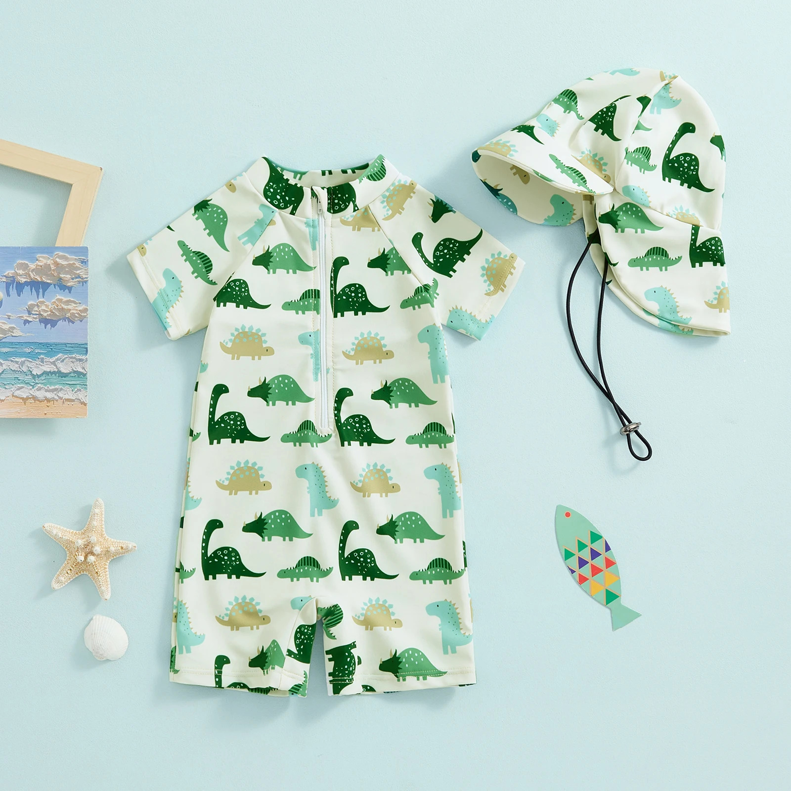 Infant Baby Boys Swimsuit Sun Protection Bathing Suit Toddler Short Sleeve Animal Print Zipper Swimwear Hat Children Beachwear 250225